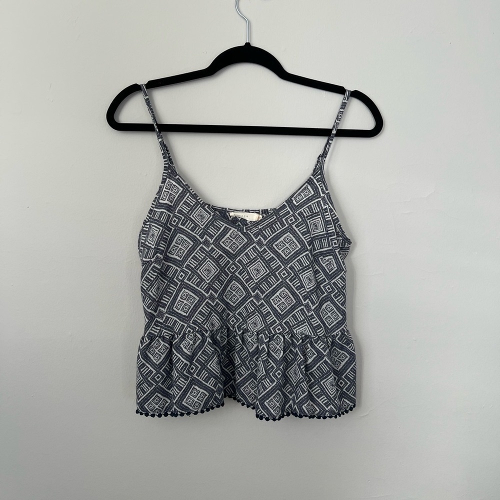 Lush Flowy/Ruffled Cropped Adjustable Printed Tank Top - Small in Blue & White